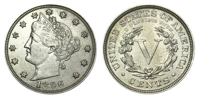 1896 Liberty Head V Nickel obverse and reverse showing full LIBERTY headband and Roman numeral V reverse