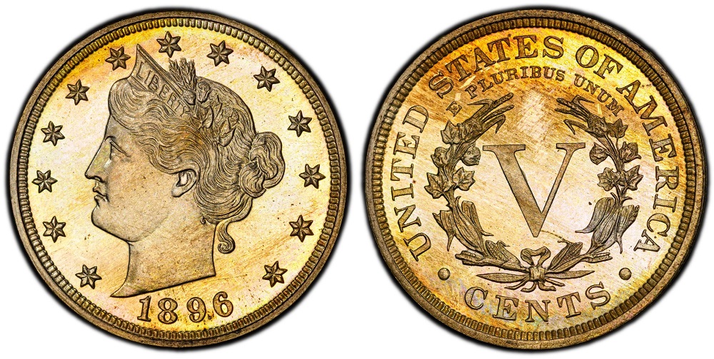 1896 Liberty Nickel business strike versus Proof comparison showing mirror fields and frosted devices on the Proof specimen