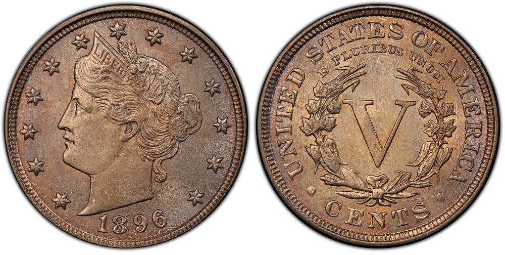 1896 Liberty Nickel Doubled Die Obverse variety showing date doubling on the 8 and 6 digits under macro photography