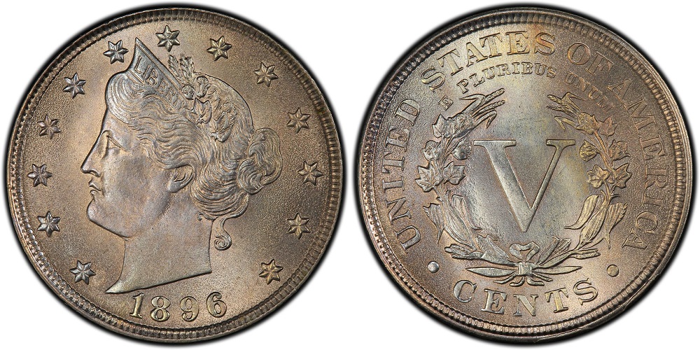 1896 Liberty Nickel repunched date variety showing secondary offset numerals on the 9 and 6 digits under macro photography