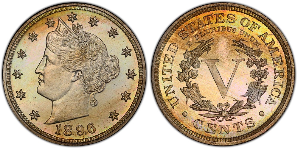 Grading strip of four 1896 Liberty Nickels showing Good, Fine, Extremely Fine, and Mint State condition side by side with visible surface detail differences